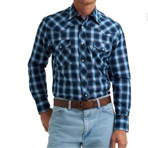 Wrangler Men's Western Pearl Snap Shirt L Blue Plaid Long Sleeve Cotton Blend
